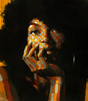 "Afrolicious 1" er et kunsttrykk av kunstner Harem. I gule farger blandes realistiske og abstrakte stiler i dette portrettet av en kvinne.