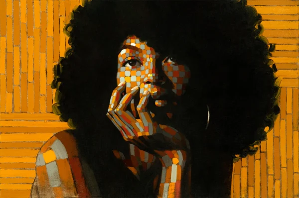 "Afrolicious 1" er et kunsttrykk av kunstner Harem. I gule farger blandes realistiske og abstrakte stiler i dette portrettet av en kvinne.