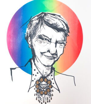 "Kim Pattern edition" er et silketrykk fra gatekunstneren Dish. Motivet viser et portrett av Kim Friele med regnbuefarget sirkel bak.