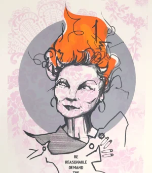 Silketrykket "Vivienne Westwood - The Grey Edition" av kunstner Dish i grå og oransje farger.