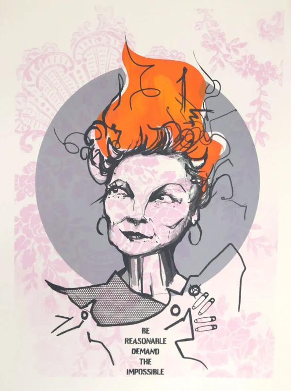 Silketrykket "Vivienne Westwood - The Grey Edition" av kunstner Dish i grå og oransje farger.