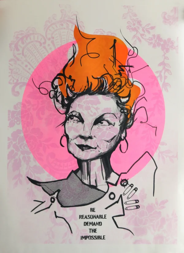 Silketrykket "Vivienne Westwood - The Pink Edition" av kunstner Dish i rosa og oransje farger