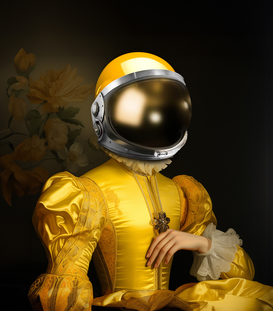 Detalj fra kunstverket "Spacelady Bergen" av Slasky. Kunstneren blander urban kunst med tradisjonell kunst for å skape spennende motiver