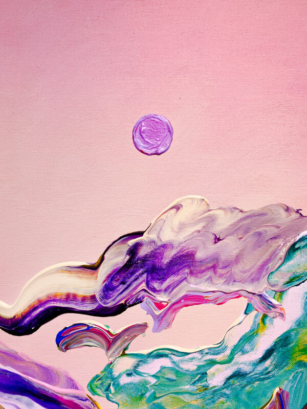 Det originale maleriet på lerret "Evening Sky" av kunstner Jeanette Lafontine er et maleri av et fargerikt og abstrakt nordisk landskap. Rosa og lilla farger