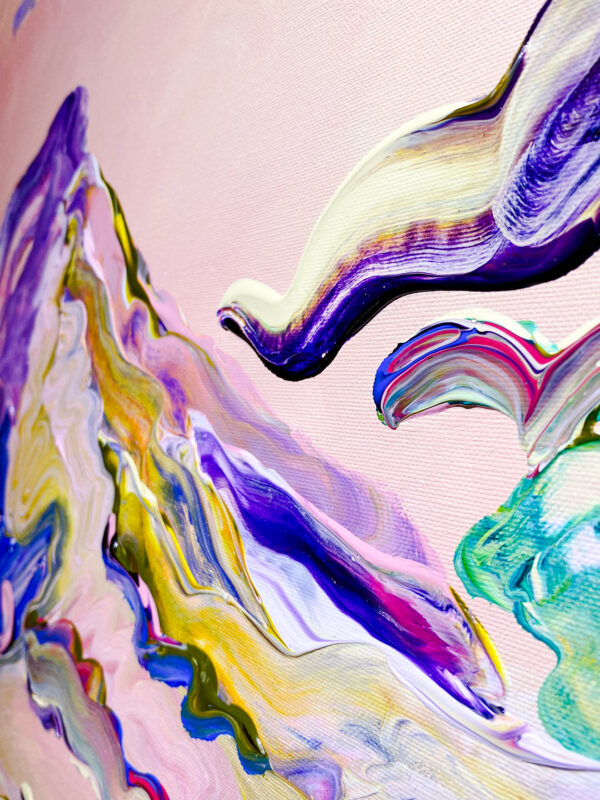 Det originale maleriet på lerret "Evening Sky" av kunstner Jeanette Lafontine er et maleri av et fargerikt og abstrakt nordisk landskap. Rosa og lilla farger