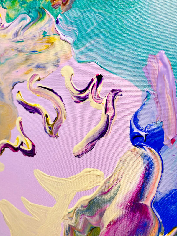 Det originale maleriet på lerret "Evening Sky" av kunstner Jeanette Lafontine er et maleri av et fargerikt og abstrakt nordisk landskap. Rosa og lilla farger