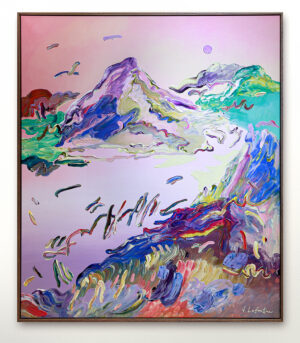 Det originale maleriet på lerret "Evening Sky" av kunstner Jeanette Lafontine er et maleri av et fargerikt og abstrakt nordisk landskap. Rosa og lilla farger