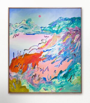 Det originale maleriet på lerret "When the Birds are Sleeping" av kunstner Jeanette Lafontine er et maleri av et fargerikt og abstrakt nordisk landskap.