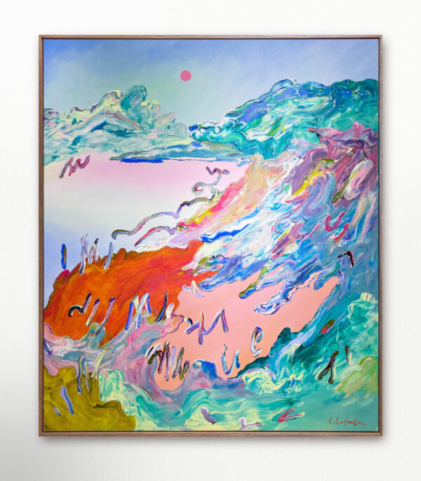 Det originale maleriet på lerret "When the Birds are Sleeping" av kunstner Jeanette Lafontine er et maleri av et fargerikt og abstrakt nordisk landskap.