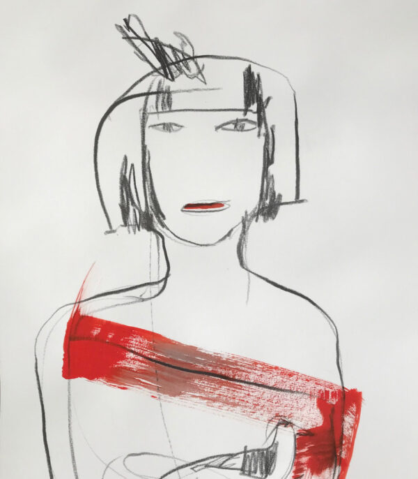 "All I Want" er en original tegning på papir av kunstner Ingri Egeberg. Bildet viser et enkelt portrett av en kvinne med et sterkt rødt penselstrøk