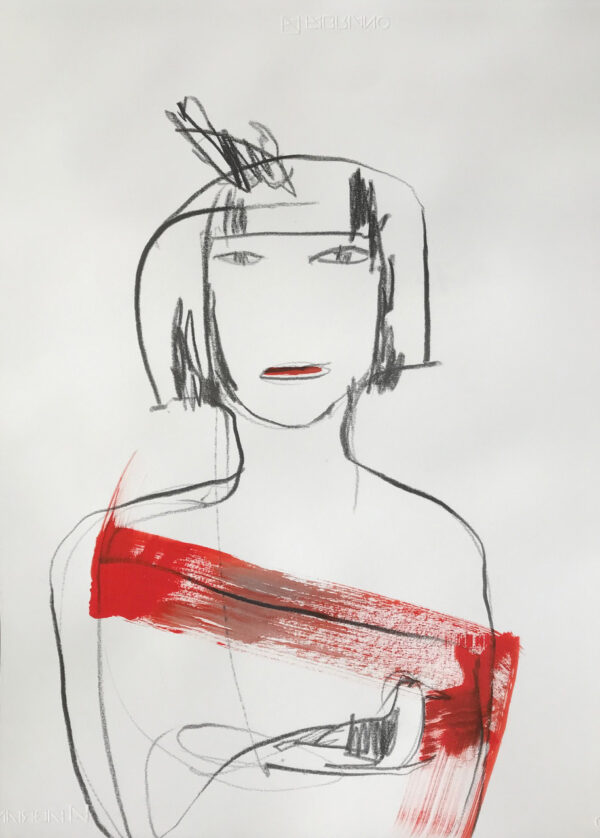 "All I Want" er en original tegning på papir av kunstner Ingri Egeberg. Bildet viser et enkelt portrett av en kvinne med et sterkt rødt penselstrøk
