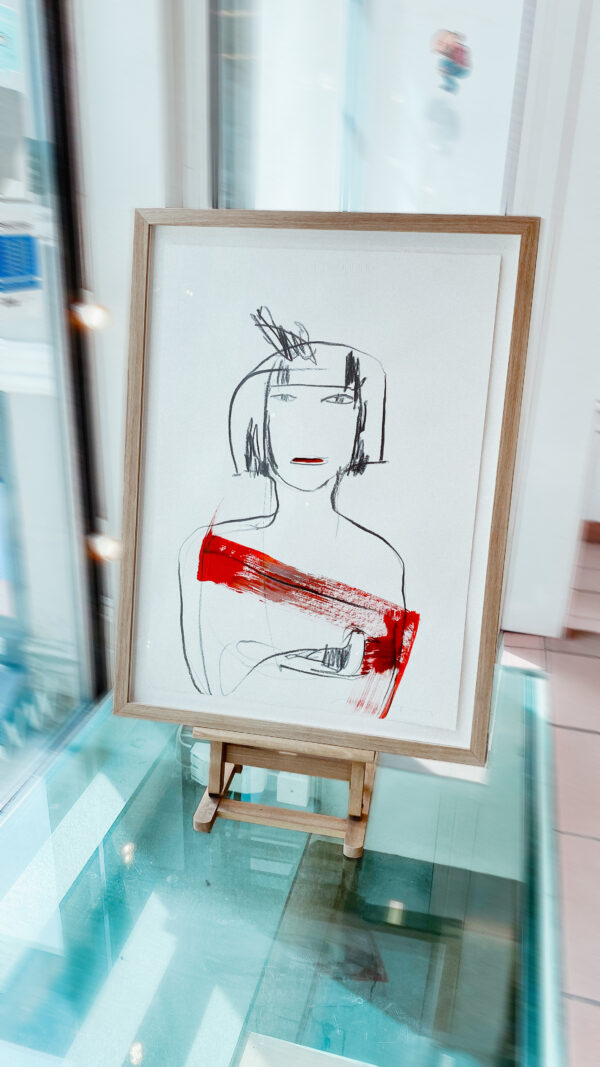 All i Want er et originalt kunstverk på papir av kunstner Ingri Egeberg. Bildet viser en tegning av en dame med et rødt penselstrøk over seg.