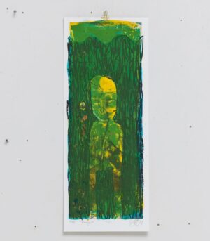 "Blending in" er et silketrykk av kunstner Ståle Gerhardsen. Trykket er grønt, og viser så vidt en skikkelse.