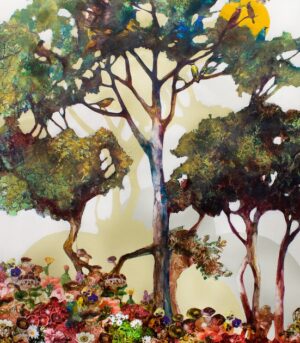Det originale kunstverket "Arboretum #1" av kunstner Luis Bivar viser en surrealistisk skog med planter, blomster og dyr.