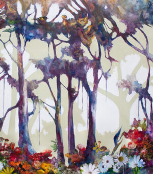 Det originale kunstverket "Arboretum #4" av kunstner Luis Bivar viser en surrealistisk skog med planter, blomster og dyr.