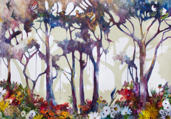 Det originale kunstverket "Arboretum #4" av kunstner Luis Bivar viser en surrealistisk skog med planter, blomster og dyr.