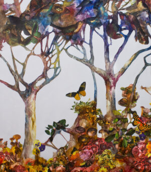 Det originale kunstverket "Arboretum #2" av kunstner Luis Bivar viser en surrealistisk skog med planter, blomster og dyr.