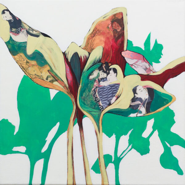 "Herbarium #5 After Sunga" er et lite originalt kunstverk på lerret av kunstner Luis Bivar i grønn og rødfarger. Motivet er surrealistisk hvor man finner mennesker inne i blomstene.