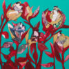 "Herbarium #6 After Sunga" er et lite originalt kunstverk på lerret av kunstner Luis Bivar i Turkis og rødtoner. Motivet er surrealistisk hvor man finner mennesker inne i blomstene.