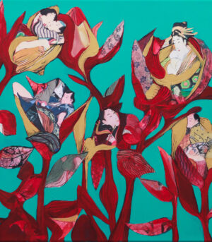 "Herbarium #6 After Sunga" er et lite originalt kunstverk på lerret av kunstner Luis Bivar i Turkis og rødtoner. Motivet er surrealistisk hvor man finner mennesker inne i blomstene.