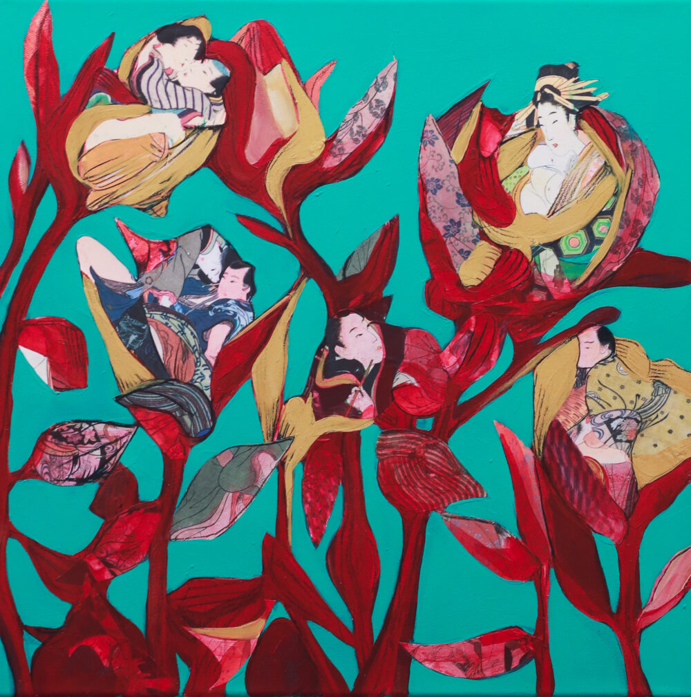 "Herbarium #6 After Sunga" er et lite originalt kunstverk på lerret av kunstner Luis Bivar i Turkis og rødtoner. Motivet er surrealistisk hvor man finner mennesker inne i blomstene.