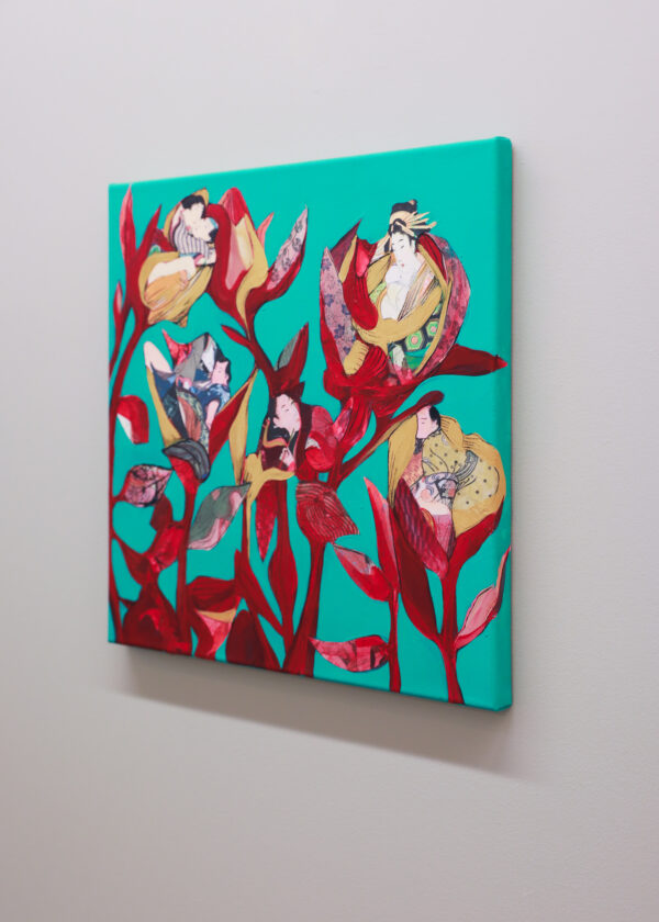 "Herbarium #6 After Sunga" er et lite originalt kunstverk på lerret av kunstner Luis Bivar i Turkis og rødtoner. Motivet er surrealistisk hvor man finner mennesker inne i blomstene.