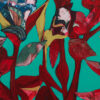 "Herbarium #6 After Sunga" er et lite originalt kunstverk på lerret av kunstner Luis Bivar i Turkis og rødtoner. Motivet er surrealistisk hvor man finner mennesker inne i blomstene.
