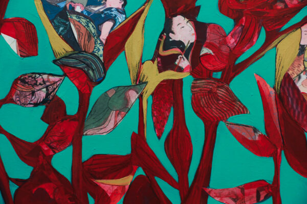"Herbarium #6 After Sunga" er et lite originalt kunstverk på lerret av kunstner Luis Bivar i Turkis og rødtoner. Motivet er surrealistisk hvor man finner mennesker inne i blomstene.