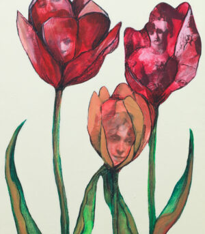 "Herbarium #7" er et lite originalt kunstverk på lerret av kunstner Luis Bivar. Motivet er surrealistiske blomster i rødtoner med mennesker inne i blomstene.