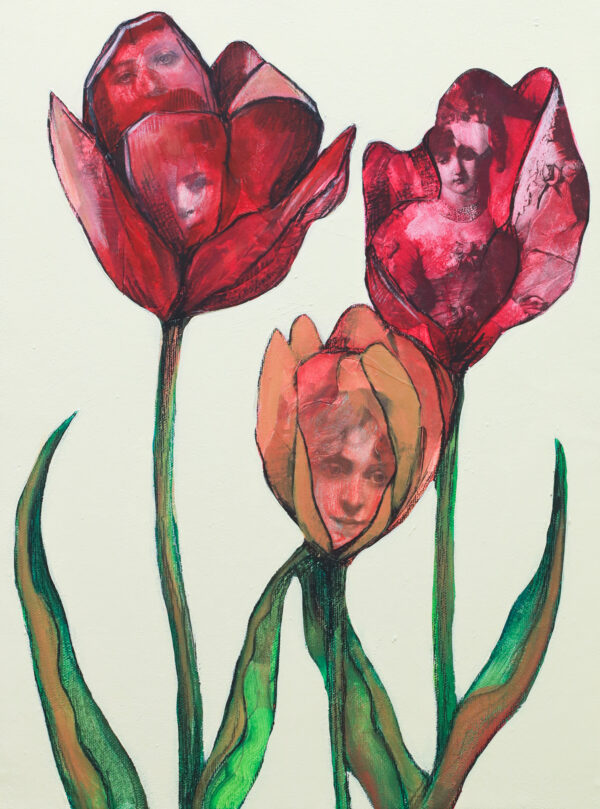 "Herbarium #7" er et lite originalt kunstverk på lerret av kunstner Luis Bivar. Motivet er surrealistiske blomster i rødtoner med mennesker inne i blomstene.