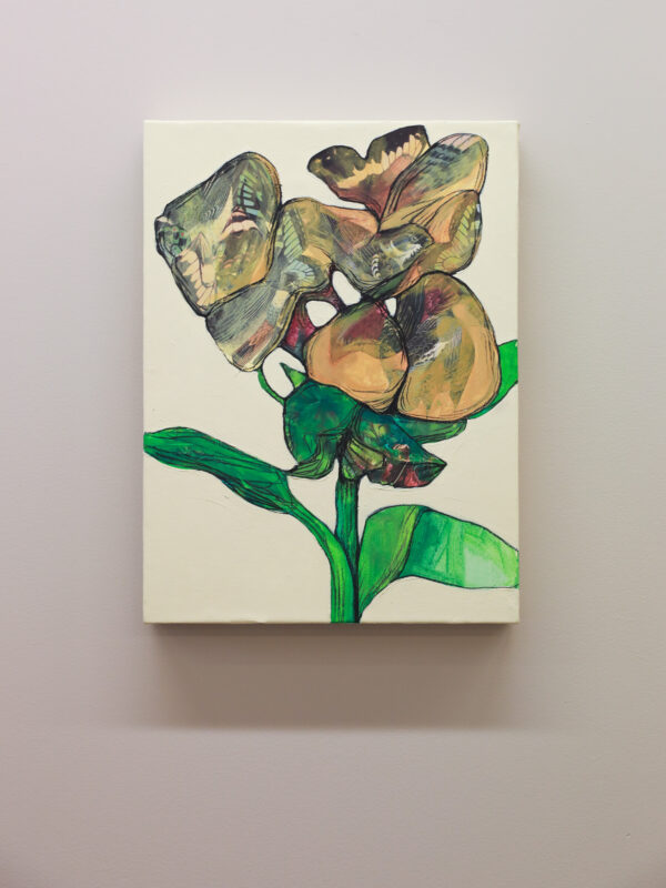 "Herbarium #8" er et lite originalt kunstverk på lerret av kunstner Luis Bivar. Motivet er en surrealistisk blomst i gul og grønn toner