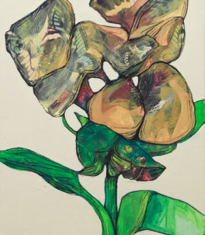 "Herbarium #8" er et lite originalt kunstverk på lerret av kunstner Luis Bivar. Motivet er en surrealistisk blomst i gul og grønn toner