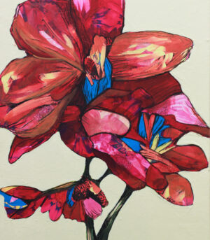 "Herbarium #9" er et lite originalt kunstverk på lerret av kunstner Luis Bivar. Motivet er en surrealistisk blomst i rød og rosa toner med blå detaljer.