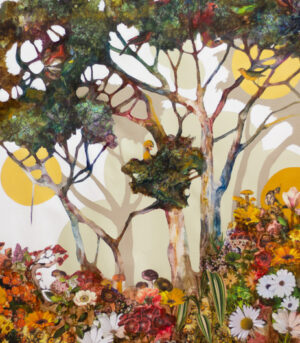 Det originale kunstverket "Arboretum #1" av kunstner Luis Bivar viser en surrealistisk skog med trær og flere soler.
