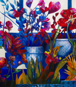 "Invernarium" er et stort originalt kunstverk på lerret av kunstner Luis Bivar i blå og rosa toner. Motivet viser blomster og planter i en surrealistisk stil.