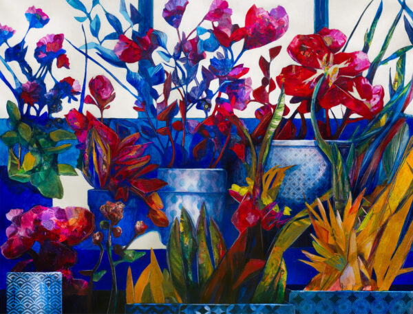 "Invernarium" er et stort originalt kunstverk på lerret av kunstner Luis Bivar i blå og rosa toner. Motivet viser blomster og planter i en surrealistisk stil.