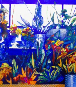 Invernarium er et kunsttrykk av kunstner Luis Bivar. Botanisk motiv i blå farger.