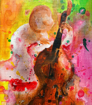 "Bassisten" er et lite originalt maleri på lerret av kunstner Ståle Gerhardsen. Dette fargesterke maleriet i stine rosa og oransje toner viser en musiker som spiller bass.