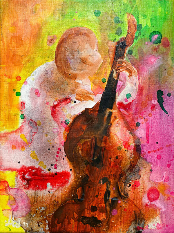 "Bassisten" er et lite originalt maleri på lerret av kunstner Ståle Gerhardsen. Dette fargesterke maleriet i stine rosa og oransje toner viser en musiker som spiller bass.