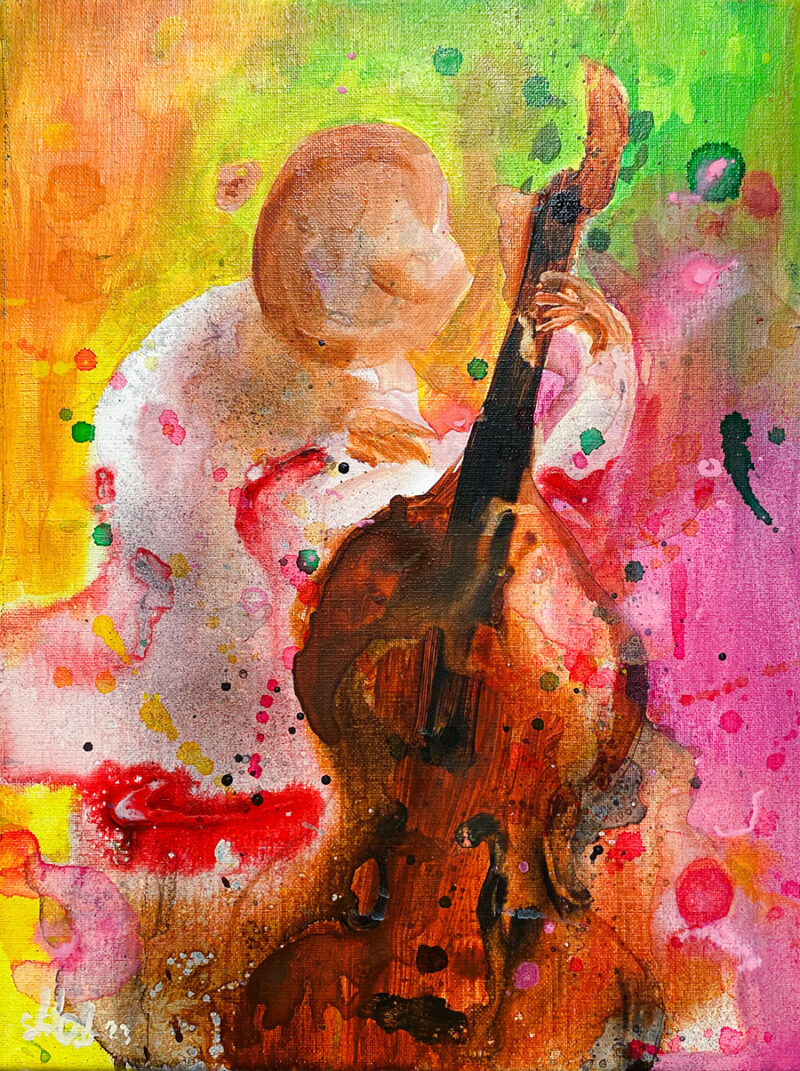 "Bassisten" er et lite originalt maleri på lerret av kunstner Ståle Gerhardsen. Dette fargesterke maleriet i stine rosa og oransje toner viser en musiker som spiller bass.