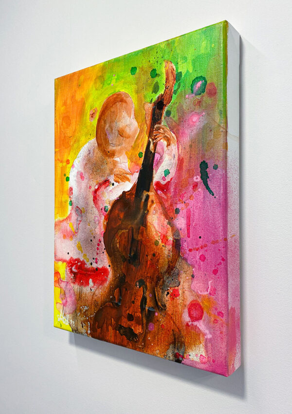 "Bassisten" er et lite originalt maleri på lerret av kunstner Ståle Gerhardsen. Dette fargesterke maleriet i stine rosa og oransje toner viser en musiker som spiller bass.