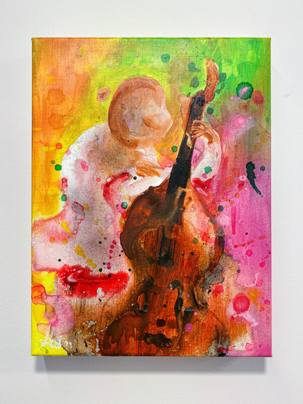 "Bassisten" er et lite originalt maleri på lerret av kunstner Ståle Gerhardsen. Dette fargesterke maleriet i stine rosa og oransje toner viser en musiker som spiller bass.