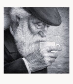 Kunsttrykket "Cold Coffee" av kunstner Børge Bredenbekk viser en realistisk tegnet mann med hatt som drikker kald kaffe.