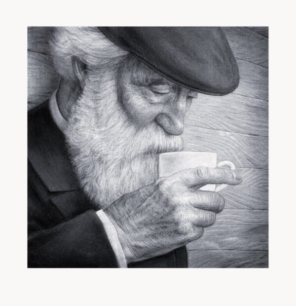 Kunsttrykket "Cold Coffee" av kunstner Børge Bredenbekk viser en realistisk tegnet mann med hatt som drikker kald kaffe.