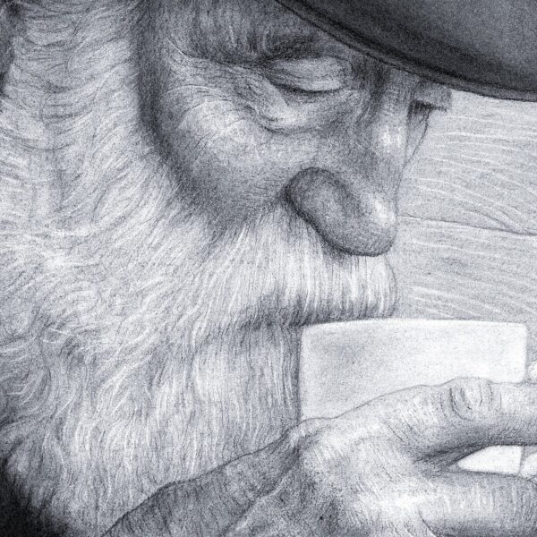 Kunsttrykket "Cold Coffee" av kunstner Børge Bredenbekk viser en realistisk tegnet mann med hatt som drikker kald kaffe.