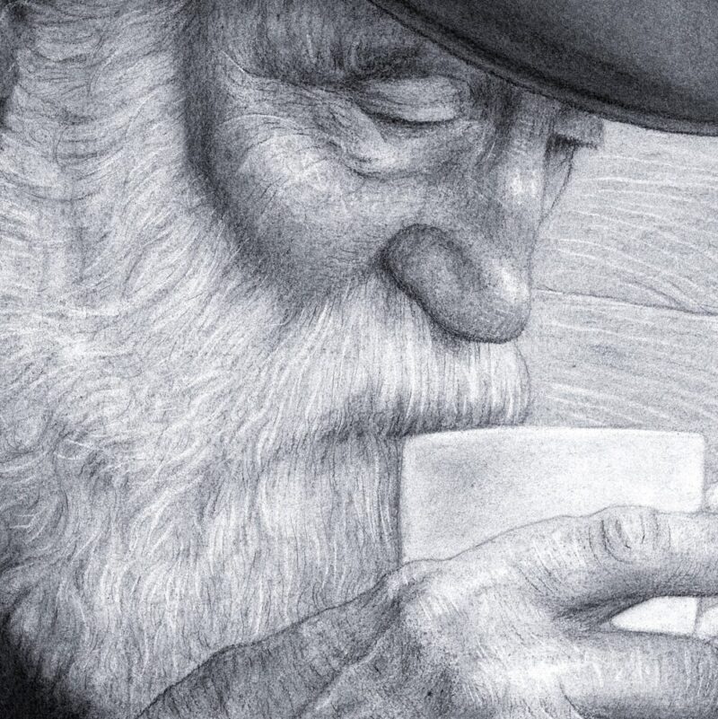 Kunsttrykket "Cold Coffee" av kunstner Børge Bredenbekk viser en realistisk tegnet mann med hatt som drikker kald kaffe.