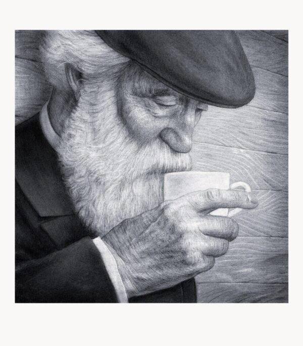 Kunsttrykket "Cold Coffee" av kunstner Børge Bredenbekk viser en realistisk tegnet mann med hatt som drikker kald kaffe.