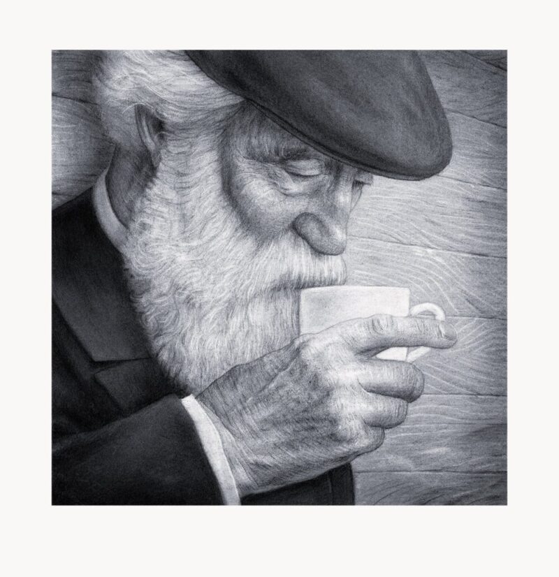 Kunsttrykket "Cold Coffee" av kunstner Børge Bredenbekk viser en realistisk tegnet mann med hatt som drikker kald kaffe.