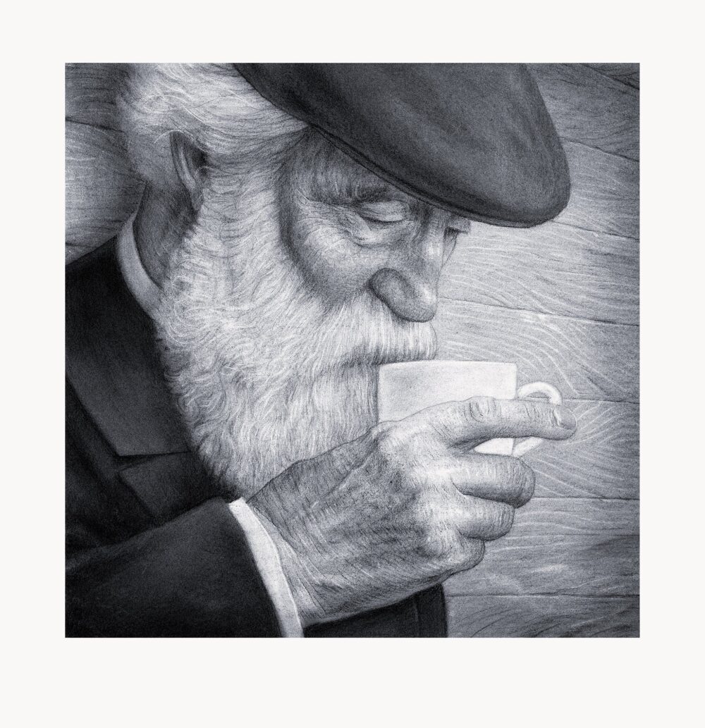 Kunsttrykket "Cold Coffee" av kunstner Børge Bredenbekk viser en realistisk tegnet mann med hatt som drikker kald kaffe.