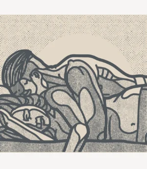 Silketrykket "Couple" av Børge Bredenbekk viser et par som holder rundt hverandre. Jordtoner med linjer.